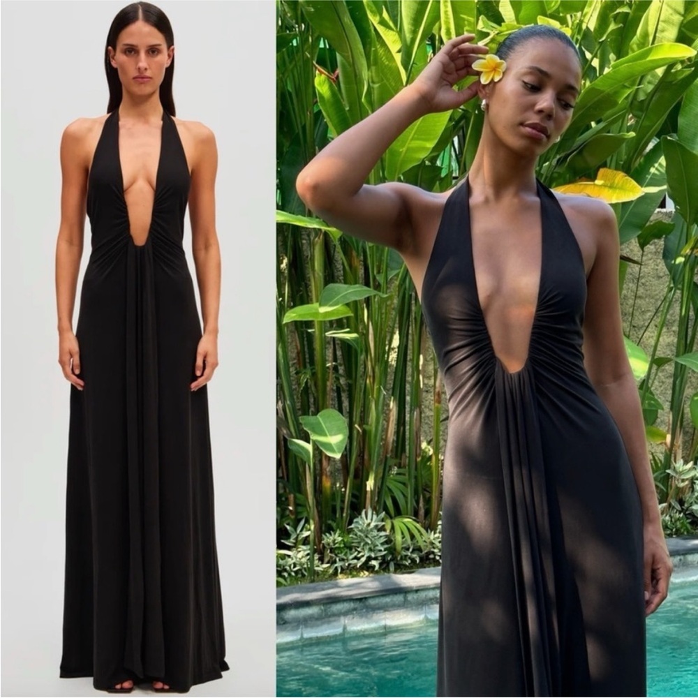 Misha Black Jennifer Cupro Maxi Dress Deep Plunge Neck Halter Size XS